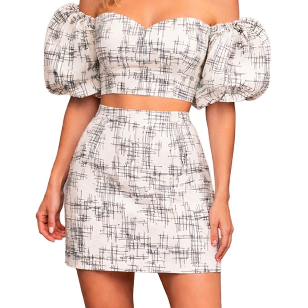mini fitted skirt abstract grid print women small 26W business casual sexy b&w
